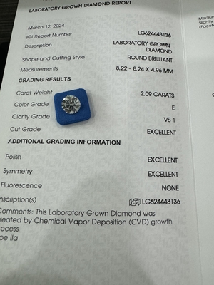 주문 2.09CT E VS1 3EX 둥근 절단 CVD 자란 다이아몬드 IGI 인증 LG624443136 online manufacture