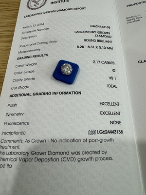 주문 2.17CT G VS1 3EX CVD 실험실 제작 다이아몬드 둥근 절단 IGI 인증 LG624443138 online manufacture