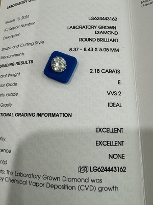 주문 2.18CT E VVS1 ID EX CVD 합성 다이아몬드 둥근 브릴리언트 절단 online manufacture