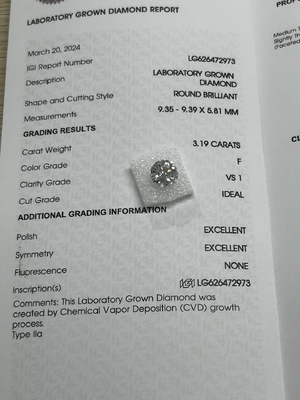 주문 3.19CT F VS1 3EX 실험실에서 자란 CVD 다이아몬드 둥근 절단 IGI 인증서 LG626472973 online manufacture