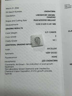 주문 3.21CT E VS1 EX VG CVD 실험실 자란 다이아몬드 페어 브릴리언트 컷 IGI 인증 online manufacture