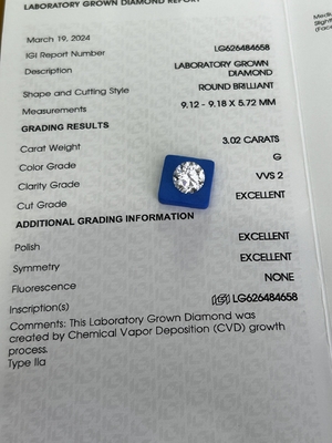 주문 3.02ct CVD 실험실 자란 다이아몬드 둥근 절단 G VVS2 3EX N IGI 인증 online manufacture