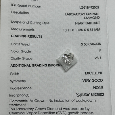 주문 3.6ct 실험실 제조 다이아몬드 심장 브릴란트 절단 CVD F VS1 2EX N IGI LG618492502 online manufacture