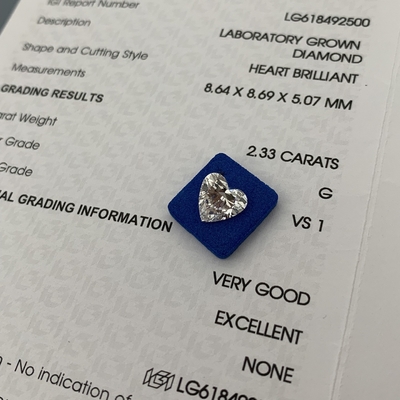 주문 2.33ct 실험실에서 자란 다이아몬드 심장 절단 CVD G VS1 2EX N IGI 인공 다이아몬드 online manufacture