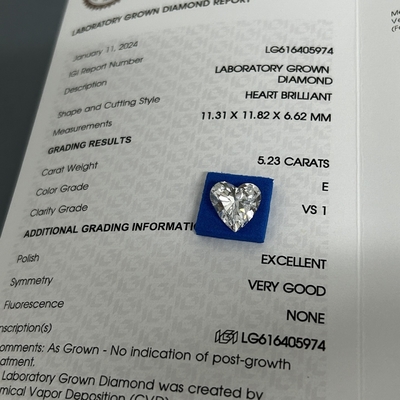 주문 5.23ct 자란 반짝이는 다이아몬드 심장 절단 CVD E 색상 VS1 명확성 2EX N IGI online manufacture
