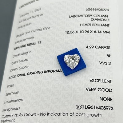 주문 4.29ct 실험실에서 자란 다이아몬드 심장 절단 CVD G 색 VVS2 2EX N IGI online manufacture