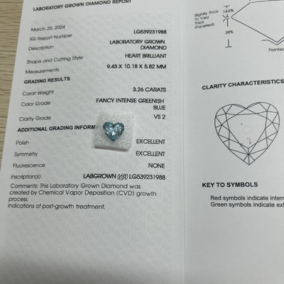주문 3.26ct CVD 심장 모양 실험실 다이아몬드 화려한 강 녹색 파란색 VS2 2EX N online manufacture