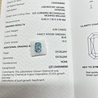 주문 4.08ct 블루 랩 다이아몬드 방사성 절단 CVD 화려한 초록색 블루 VS1 2EX N IGI online manufacture