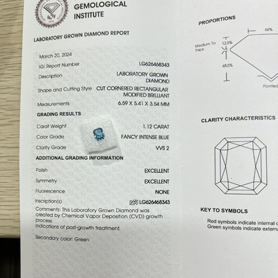 주문 1.12ct 고급 강렬한 파란색 색조 실험실 다이아몬드 CVD 합성 다이아몬드 online manufacture