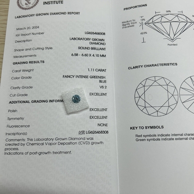 주문 카라트 1.11ct 맑음 VS2 실험실 제작 블루 다이아몬드 둥근 모양 online manufacture