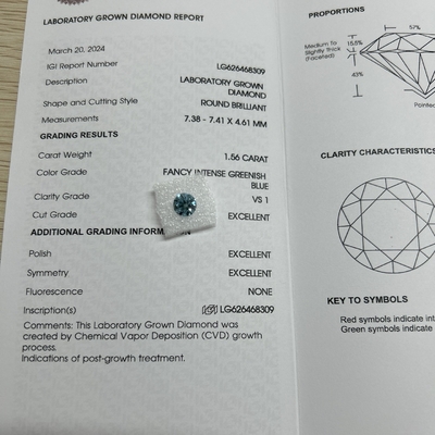 주문 1.56ct 화려한 강성 녹색 파란색 실험실 자란 다이아몬드 원형 절단 CVD FVS1 3EX N IGI online manufacture