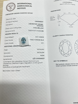 블루 4.01ct VS1 CVD 실험실 제작 다이아몬드