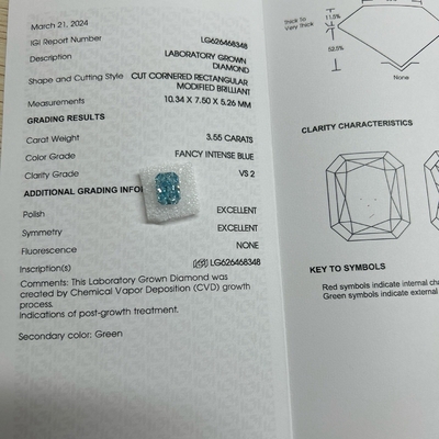 3.55ct VS2 합성 블루 다이아몬드 실험실에서 자란 다이아몬드 HPHT 고급 생생한 블루
